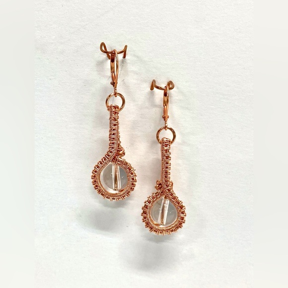 HANDMADE Clear Quartz Hand Wrapped Bare Copper Statement Dangle Earrings - Picture 8 of 10